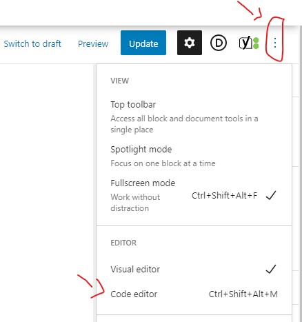 shifting from visual editor to code editor in wordpress